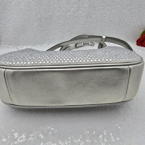 Coach Teri Mini Crystal Silver Metallic Leather Shoulder Crossbody Bag - Picture 11 of 14